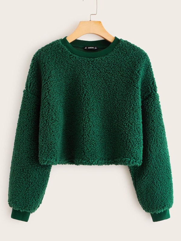 

Drop Shoulder Solid Teddy Pullover, Green