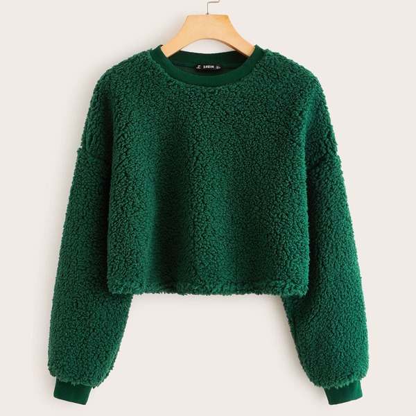 

Drop Shoulder Solid Teddy Pullover, Green