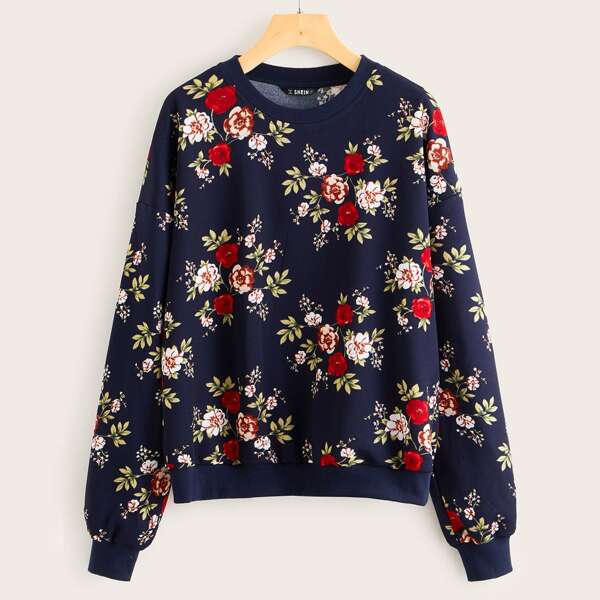 

Drop Shoulder Floral Print Pullover, Multicolor