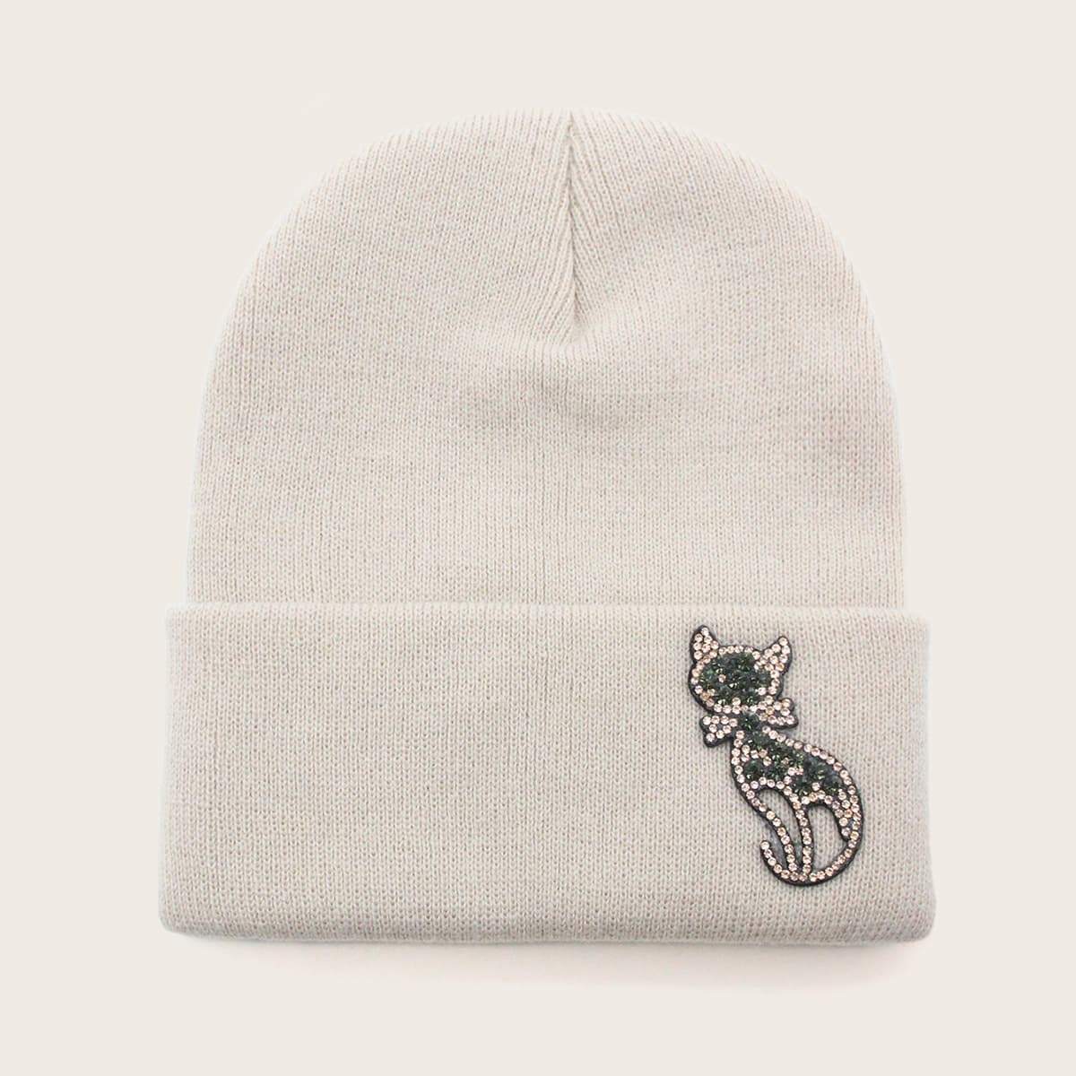

Rhinestone Engraved Cat Decor Knitted Beanie, Beige
