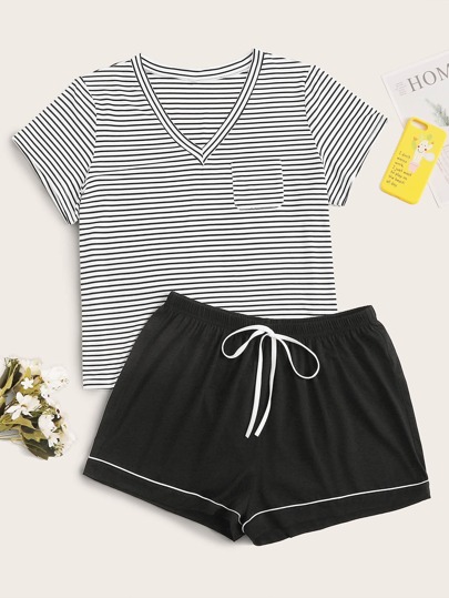 Plus Striped Top With Tie Front Shorts PJ Set
