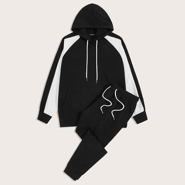 

Men Two Tone Hoodie & Drawstring Waist Sweatpants Set, Black