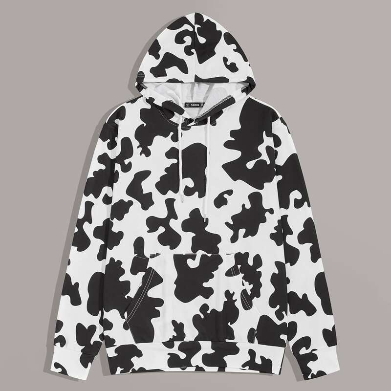 

Guys Cow Pattern Pocket Front Hoodie, Black and white