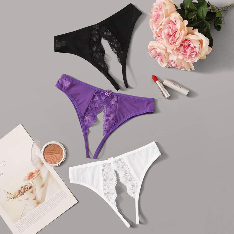 

3pack Floral Lace Crotchless Panty Set, Multicolor