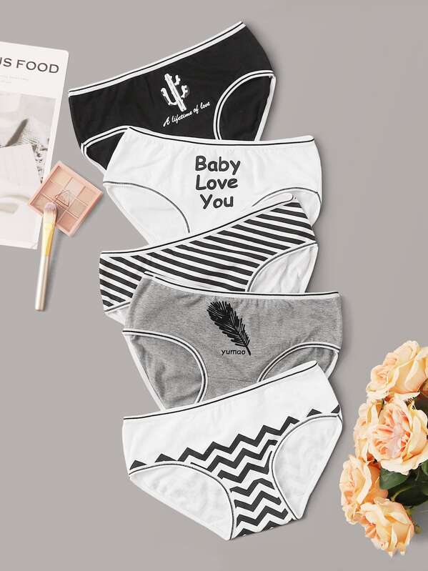 

5pack Letter & Striped Pattern Panty Set, Multicolor