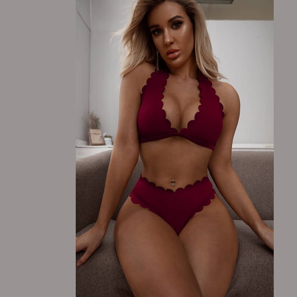 

Scallop Trim Halter Bikini Swimsuit, Burgundy