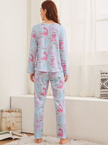 Cartoon Dinosaur Print PJ Set / Pajama Set & Eye Cover - Multicolor - View 2