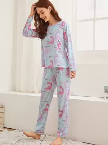 Cartoon Dinosaur Print PJ Set / Pajama Set & Eye Cover - Multicolor - View 3