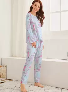 Cartoon Dinosaur Print PJ Set / Pajama Set & Eye Cover - Multicolor - View 4