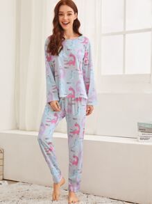 Cartoon Dinosaur Print PJ Set / Pajama Set & Eye Cover - Multicolor - View 5