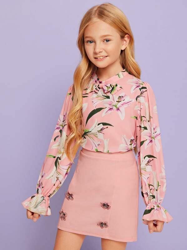 

Girls Bow Front Floral Top With Applique Skirt, Pink, Arina