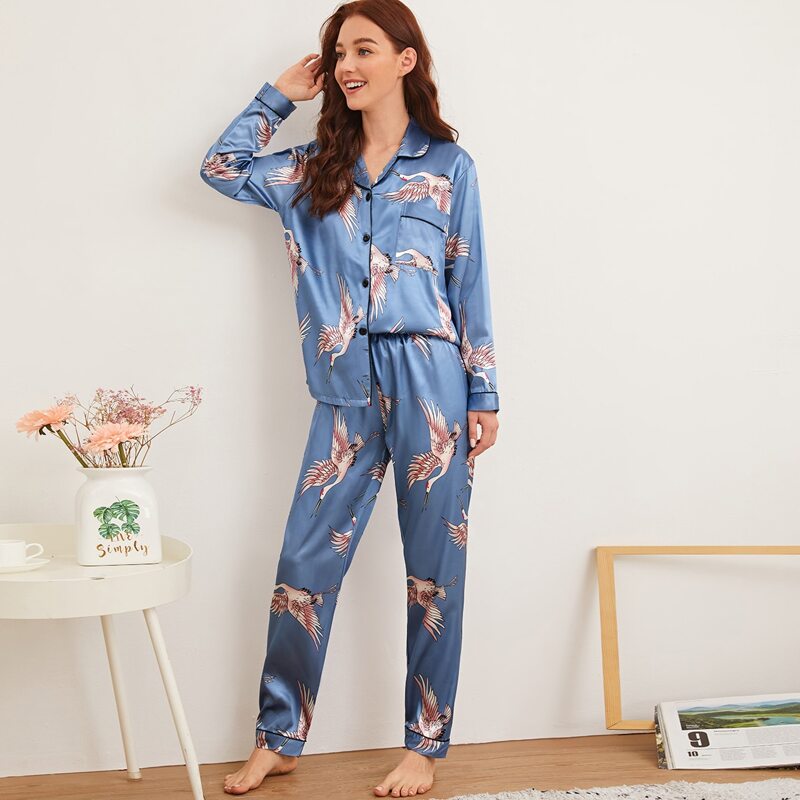 

Crane Print Button-up Satin PJ Set, Blue