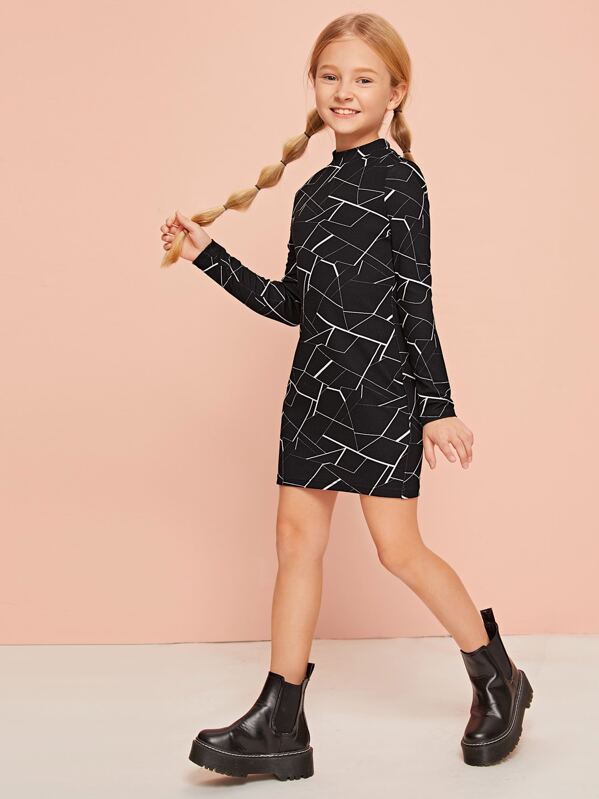 

Girls Mock-Neck Geo Print Bodycon Dress, Black, Arina