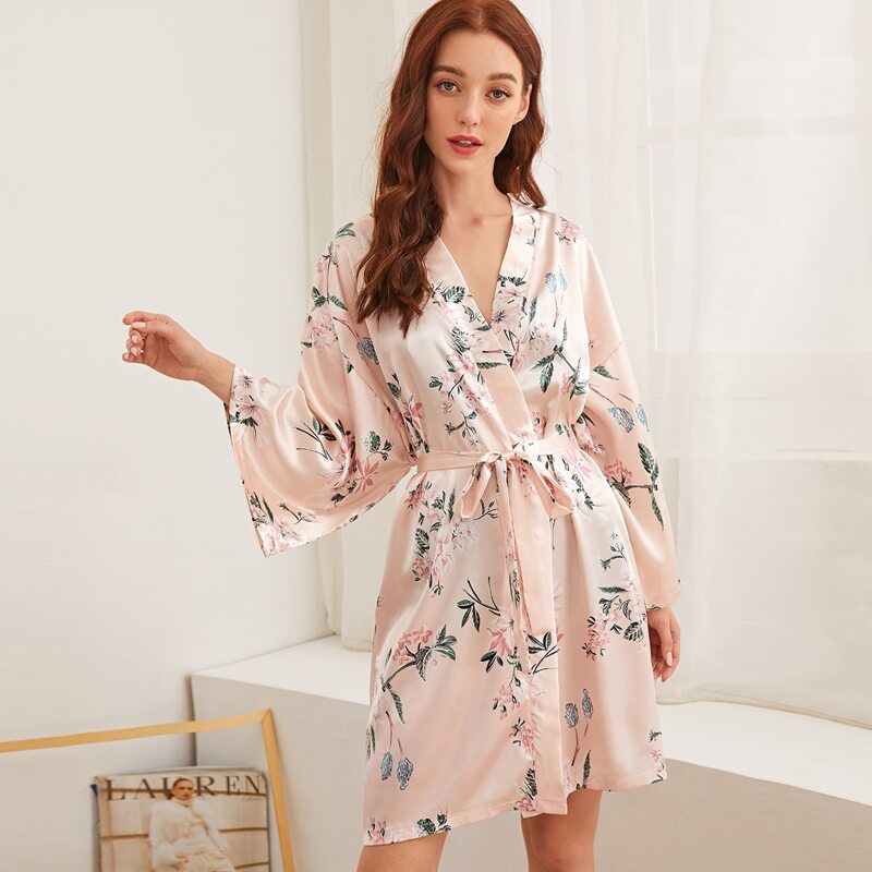 

Floral Print Belted Satin Robe, Pink