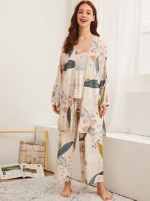 Conjunto de pijama con estampado floral de pájaros con bata 3 paquetes - Beis - Ver 3