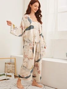 Conjunto de pijama con estampado floral de pájaros con bata 3 paquetes - Beis - Ver 4