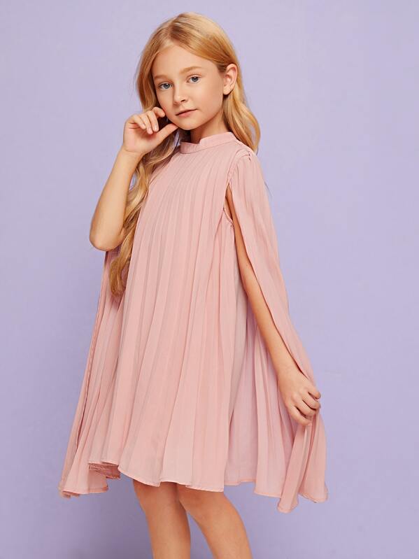

Girls Mock-neck Pleated Cape Dress, Pink, Arina