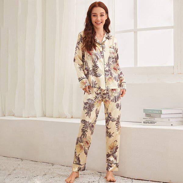 

Floral Print Button-up Satin PJ Set, Beige