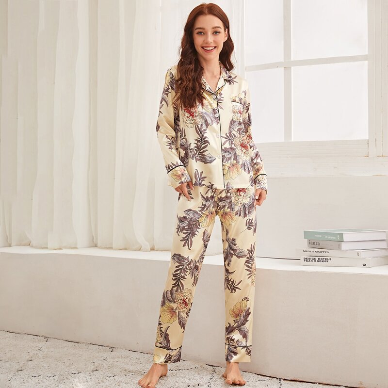 

Floral Print Button-up Satin PJ Set, Beige