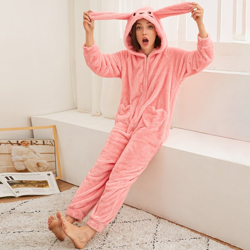 

Rabbit Pattern Zipper Front Onesie, Pink