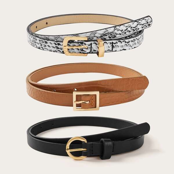 

3pcs Croc & Snakeskin Pattern Buckle Belt, Multicolor