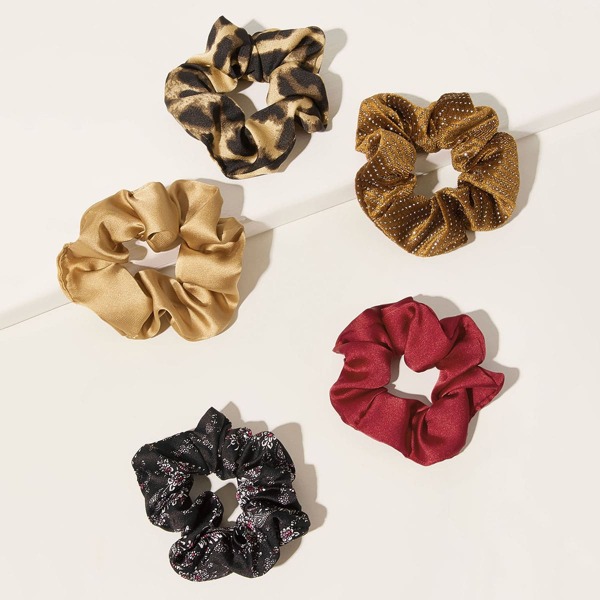 

5pcs Leopard & Ditsy Floral Pattern Scrunchie, Multicolor