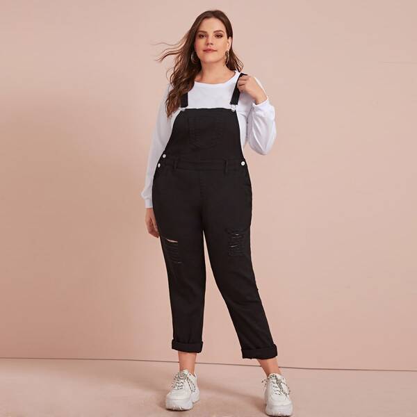 

Plus Ripped Rolled Hem Denim Overalls, Black