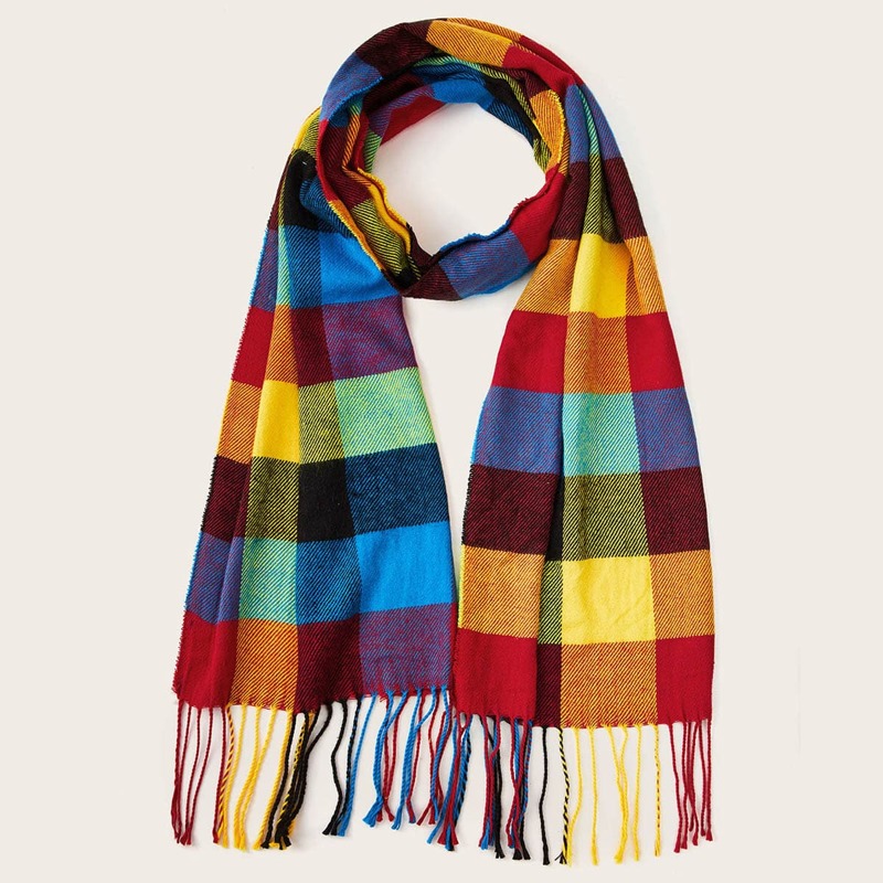 

Colorful Plaid Fringe Hem Scarf, Multicolor