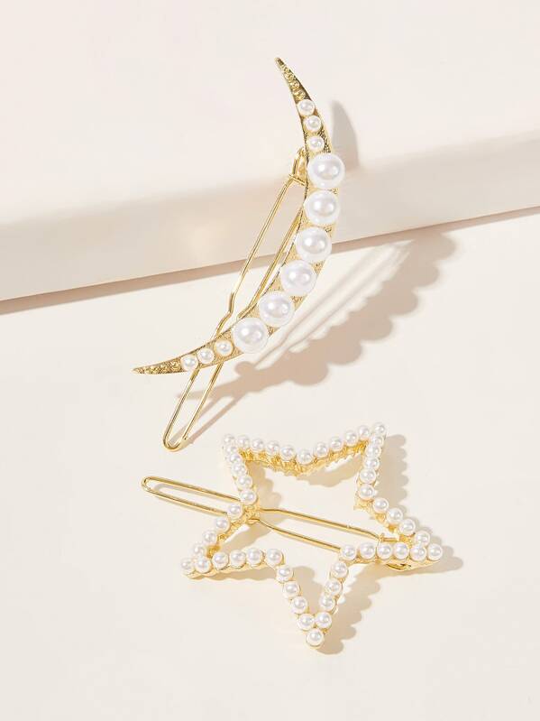 

2pcs Faux Pearl Beaded Moon & Star Decor Hair Clip, White