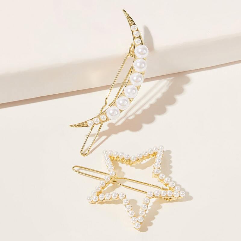 

2pcs Faux Pearl Beaded Moon & Star Decor Hair Clip, White