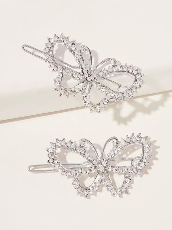 

2pcs Rhinestone Engraved Butterfly Decor Hair Clip, Silver