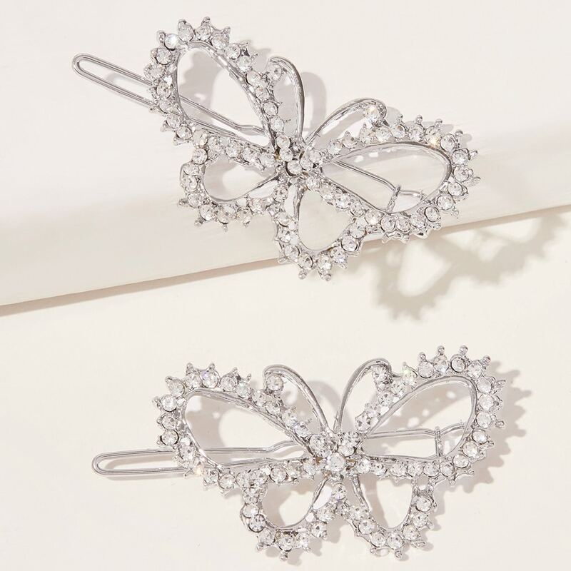 

2pcs Rhinestone Decor Butterfly Decor Hair Clip, Silver
