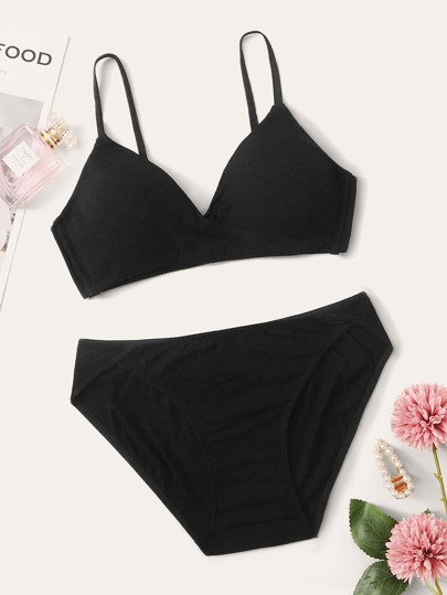 Rib Adjustable Strap Lingerie Set