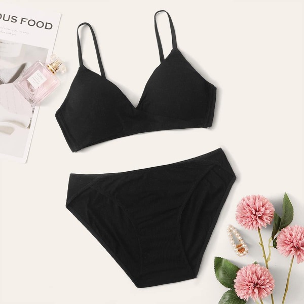 

Rib Adjustable Strap Lingerie Set, Black
