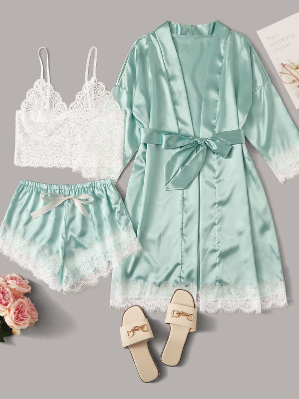 

3pack Contrast Lace Satin Lingerie Set & Belted Robe, Green
