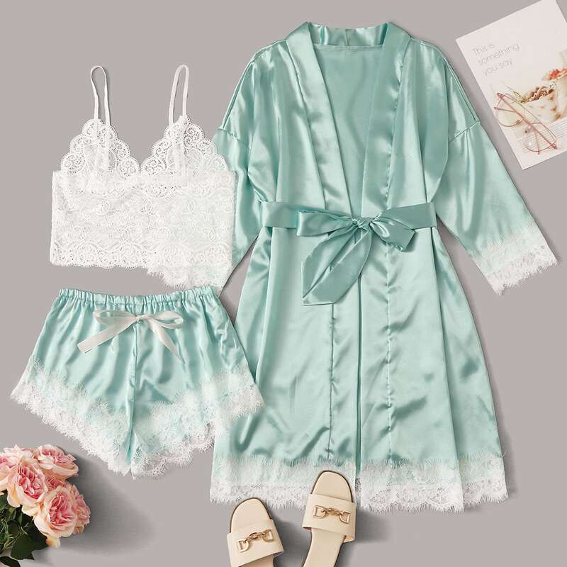

3pack Contrast Lace Satin Lingerie Set & Belted Robe, Green