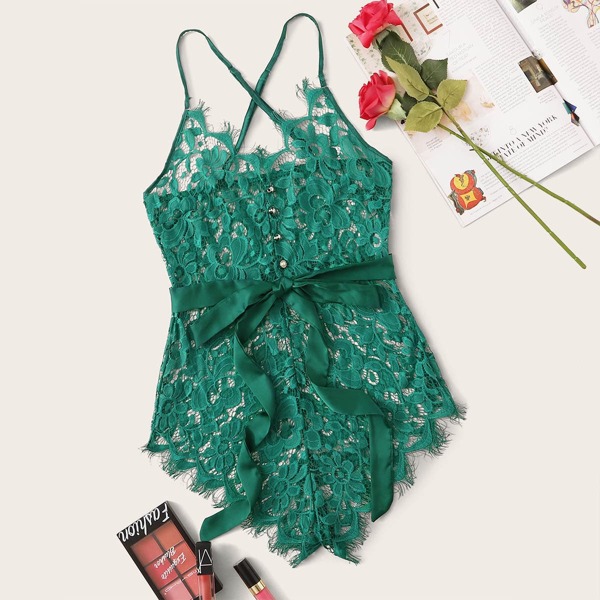 

Floral Lace Criss Cross Belted Teddy Bodysuit, Green