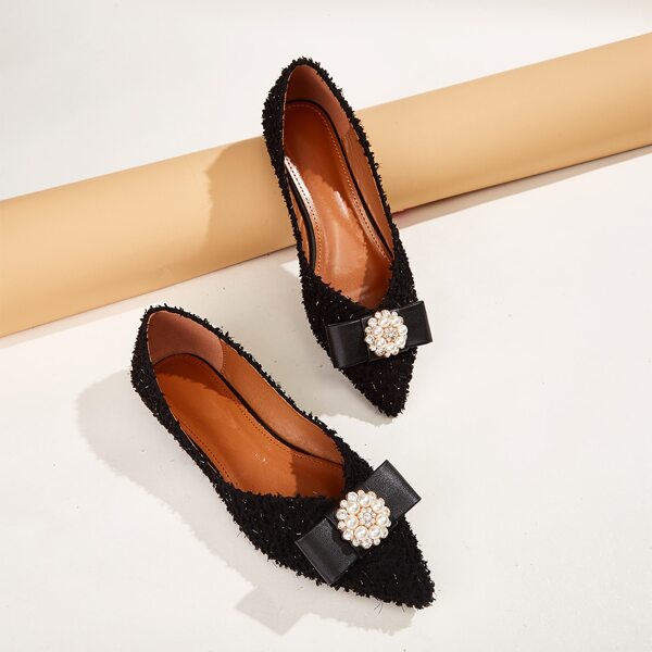 

Faux Pearl & Rhinestone Decor Point Toe Flats, Black