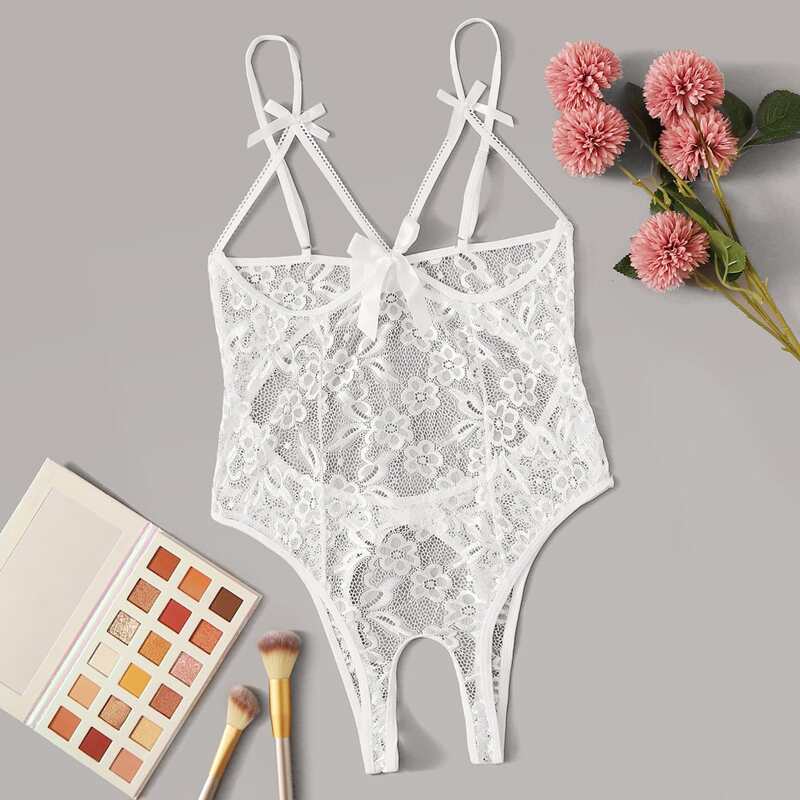 

Floral Lace Crotchless Teddy Bodysuit, White