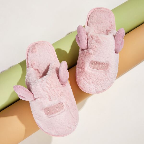 

Letter Patch Decor Fluffy Slippers, Pink