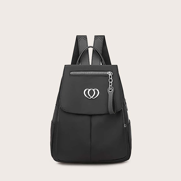 

Metal Heart Decor Flap Backpack, Black