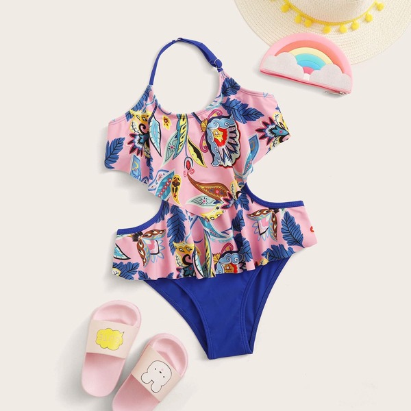 

Girls Floral Random Print Halter One Piece Swimwear, Multicolor