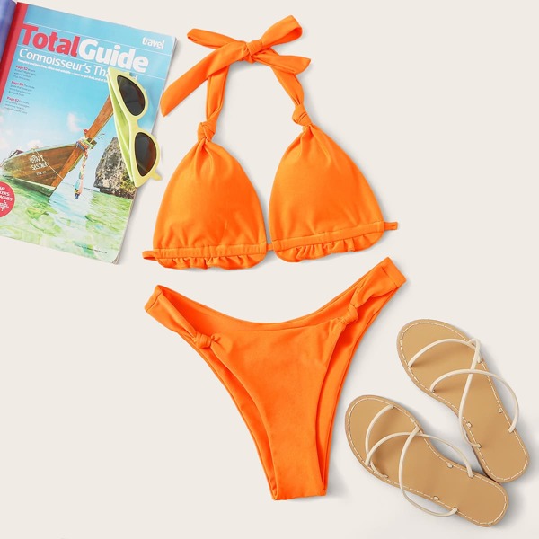 

Frill Trim Top With High Cut Bikini Set, Orange bright