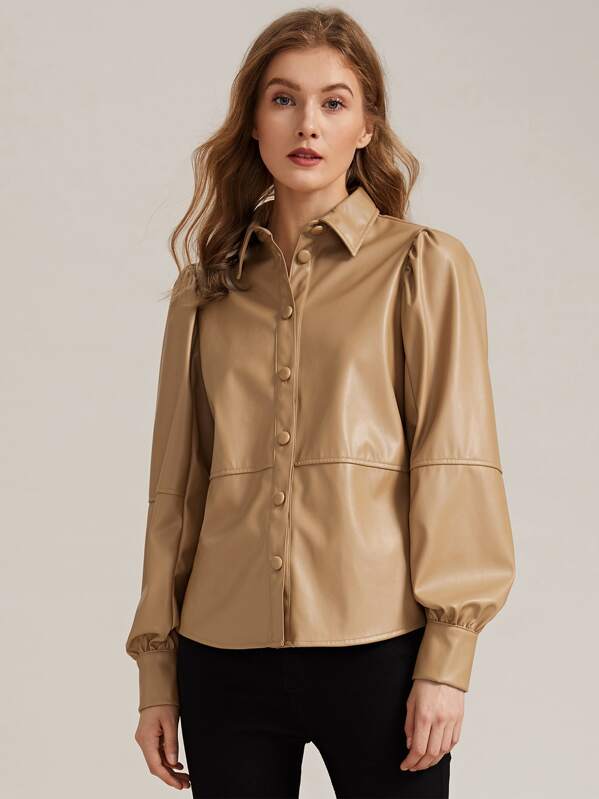 

Premium Lantern Sleeve Faux Leather Blouse, Khaki, Varvara P