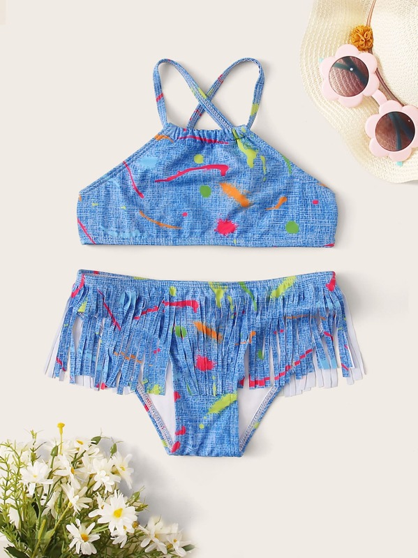 

Toddler Girls Graphic Random Print Fringe Trim Bikini Set, Blue
