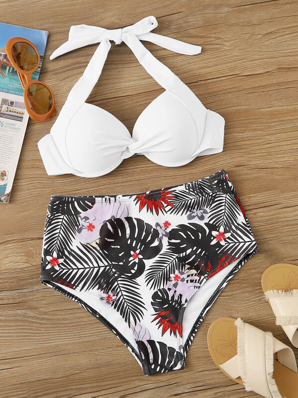 

Underwire Halter Top With Palm Print High Waist Bikini, Multicolor