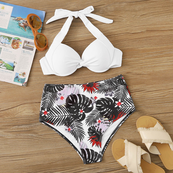 

Underwire Halter Top With Palm Print High Waist Bikini, Multicolor