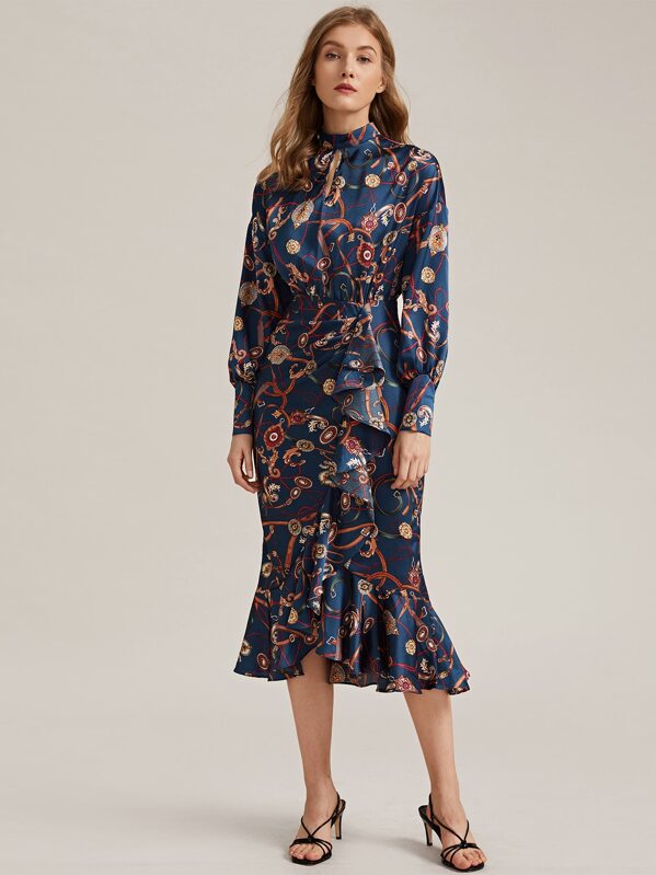 

Premium Cutout Front Ruffle Trim Chain Print Dress, Navy, Varvara P