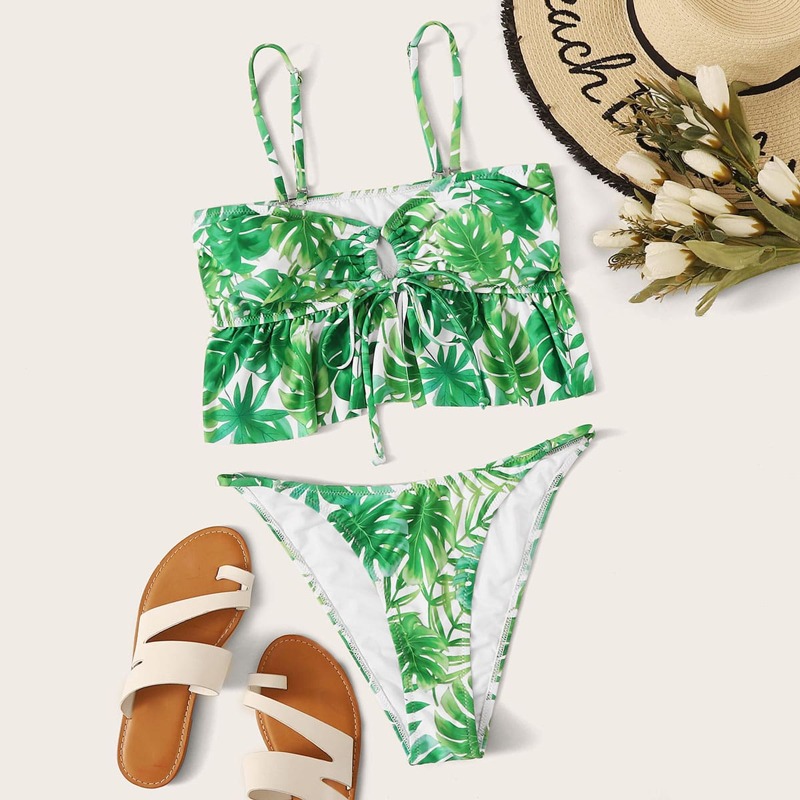 

Palm Print Ruffle Trim Top With High Cut Bikini Set, Green