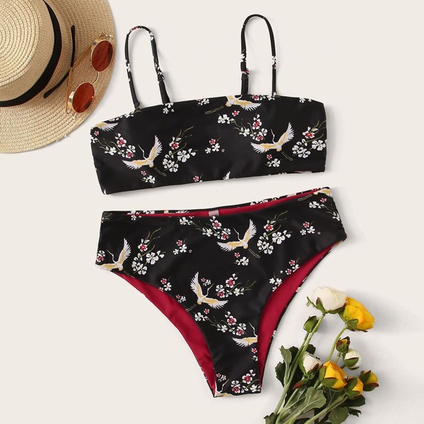

Crane & Floral Random Print High Waist Bikini Set, Black